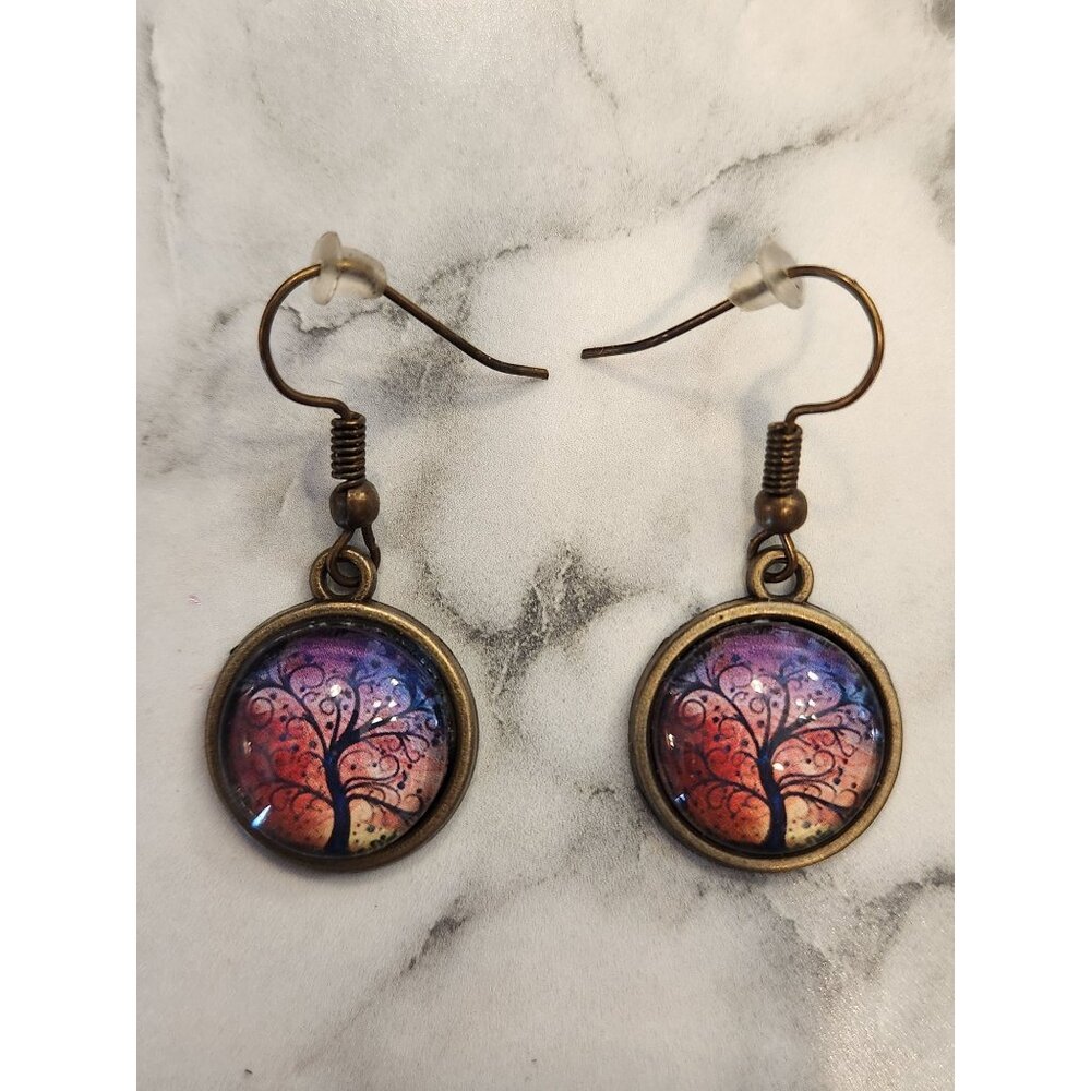 Tree Of Life Round Glass & Bronze Tone Earrings